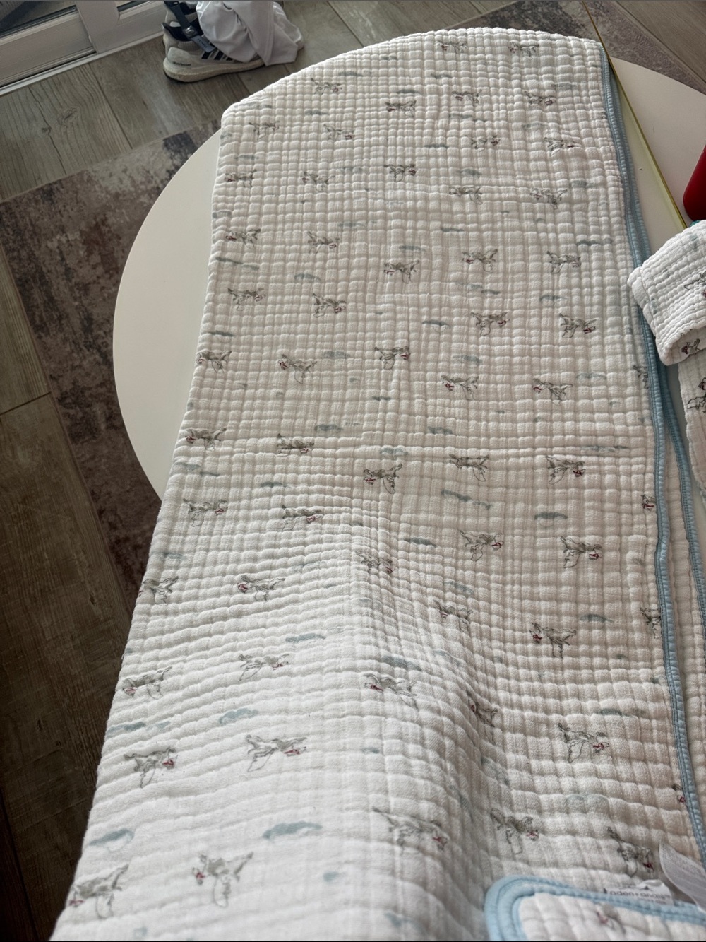Toddler bed/crib size Aden & anais Muslin white Blanket w/blue and pillow case - Picture 5 of 6
